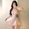 Su Xing Plus Size Satin Print Nightgown with Deep V, Padded Cups, Mesh Splicing, Bow Detail, and Strappy Design