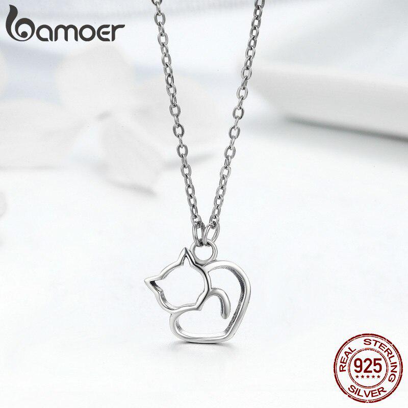 BAMOER Sterling Silver Lovely Cat Exquisite Women Pendant Necklace