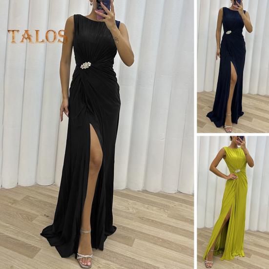 Abendkleid für Damen, plissiert, Schlitzsaum, bodenlang, einfarbig, Strass-Dekor, ärmellos, Rundhalsausschnitt, hohe Taille, Strass-Dekor, Abschlussball, Cocktailparty