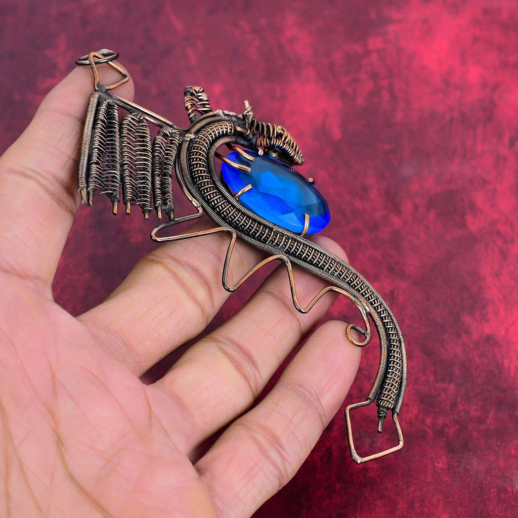 Faceted London Blue Topaz Pendant Copper Wire Wrapped Gemstone Pendant Handmade Dragon Pendant Copper Wire Wrapped Jewelry Gifts for Friend