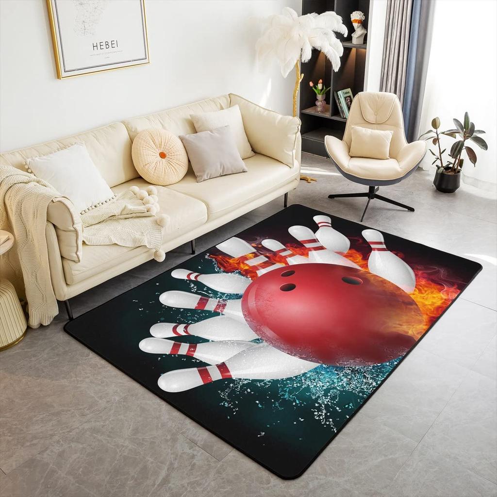 Bowling Party Area Rug for Boys Bedroom Living Room Decor Bowling Ball Carpet Sport Theme Floor Mat Non Slip Entrance Doormat