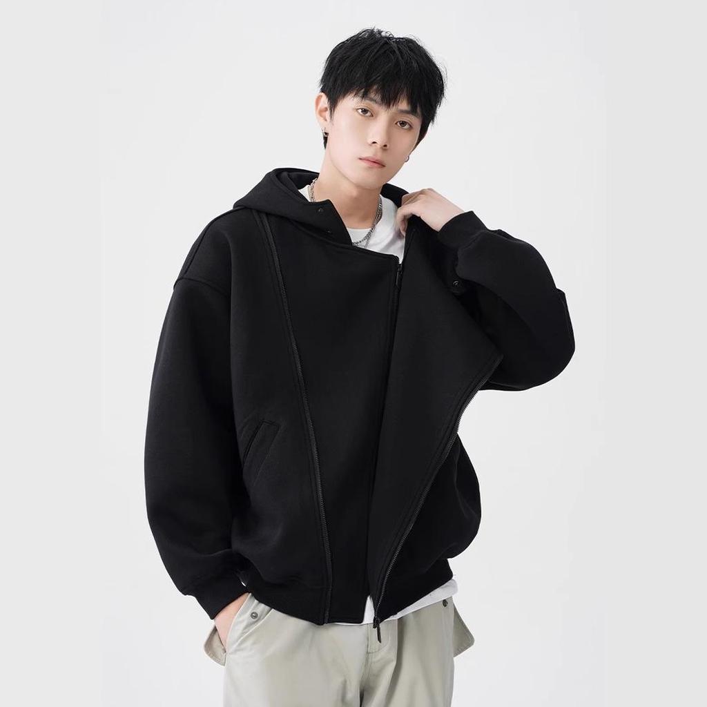 Męski szary kardigan z kapturem: Jesienny nieregularny design, styl uliczny, luźny krój.