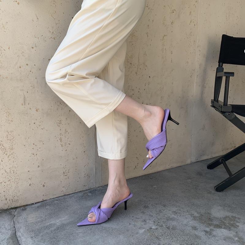 Fashion Thin Heels High-Heeled Shoes Lady Low Candy Colors Slippers Women Summer Slides Pointed Toe Pantofle Fashion 2025 Luxury Rome Sc
