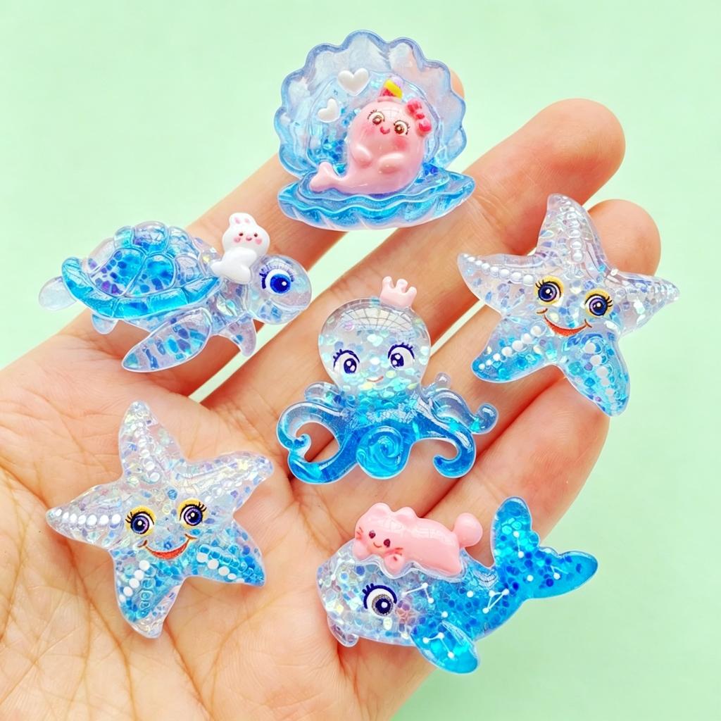 10Pcs Kawaii Ocean Shell Animal Resin Charms Flatback for DIY Ornament & Phone Case Decor