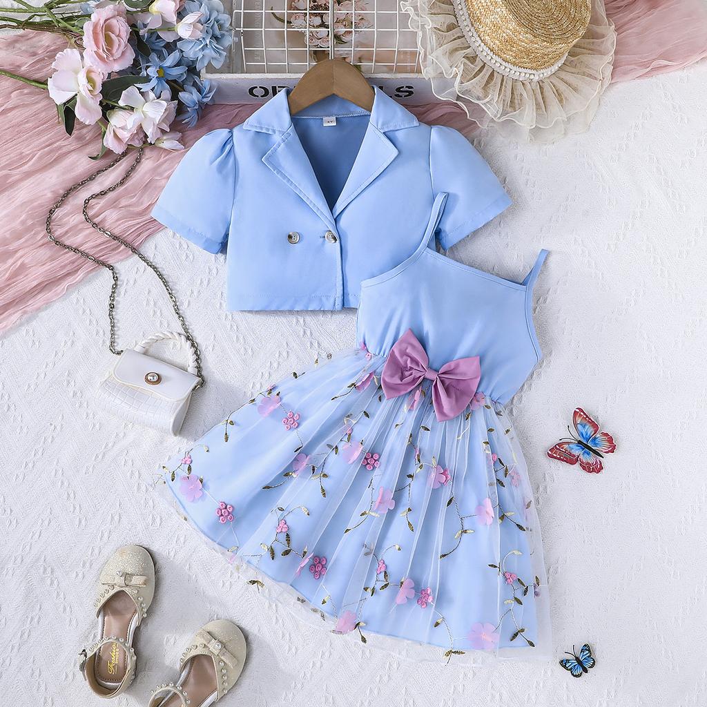 Mädchen Mode Kleid 2025 Sommer Kinder Süße Solide Kurzen Mantel + Floral Stickerei Mesh Slip Kleid Set