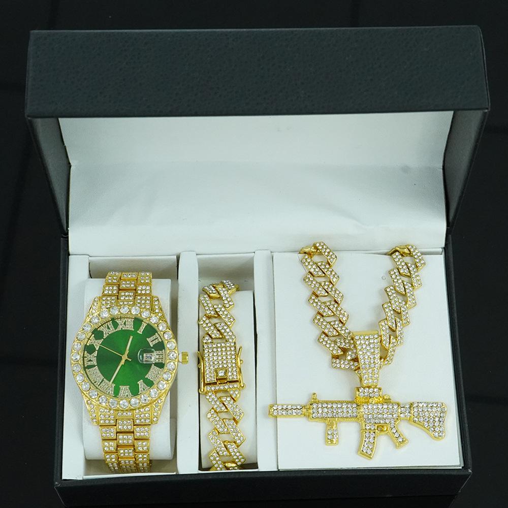 Hip Hop Persönlichkeit Pistolenanhänger Kubanische Kette Halskette Armband Uhr Set Modisches und Vielseitiges Herrenschmuck Geschenkbox Set