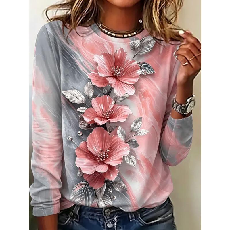Autumn and Winter Women's Flower 3D Printed Crew Neck Long Sleeve T-Shirt