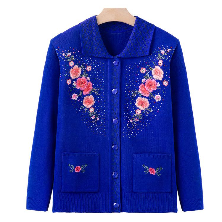 

Кардиган с вышивкой для мам среднего и пожилого возраста, осенне-зимний, вязаный кардиган-жакет для пожилых 4XL королевский синий