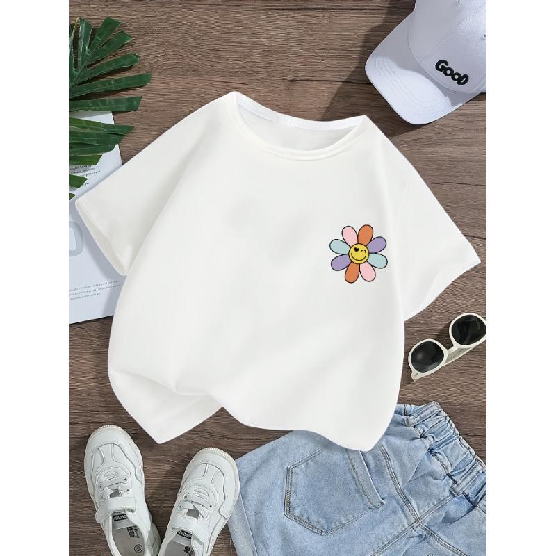 European sizes Girls White Crew Neck Knit T-Shirt - Floral Print Short Sleeve Top, Breathable & Durable Summer Casual Wear, Regular Fit for Outdoor 110 белый