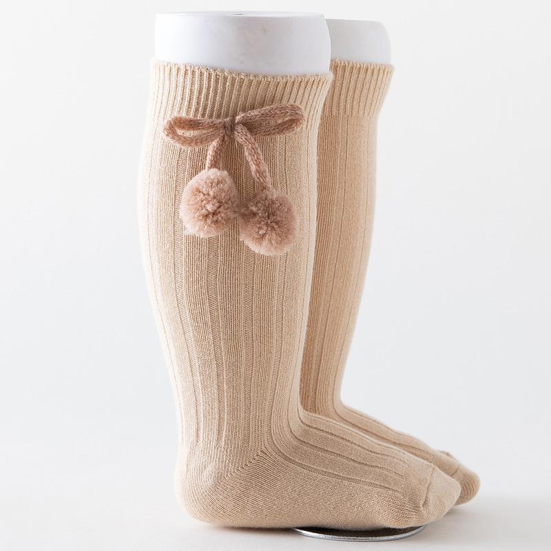 Baby Socks Solid Cotton Soft Long Princess Socks with Cute Pom-Pom Bow Decor Boy Girls Stretchy Warm Cozy Casual Socks Stockings