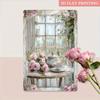 Vintage Metal Wall Art Roses Tea Set Waterproof Painting