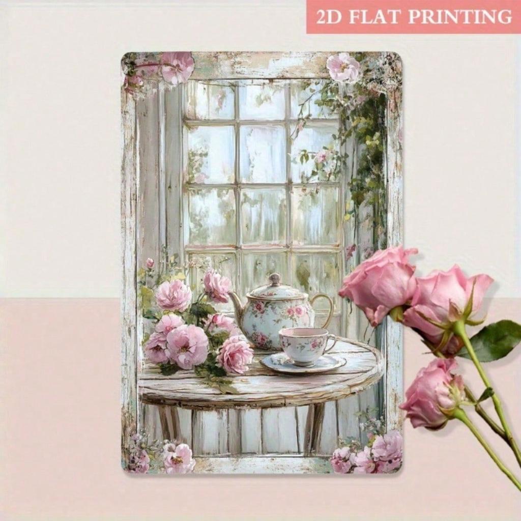 Vintage Metal Wall Art Roses Tea Set Waterproof Painting