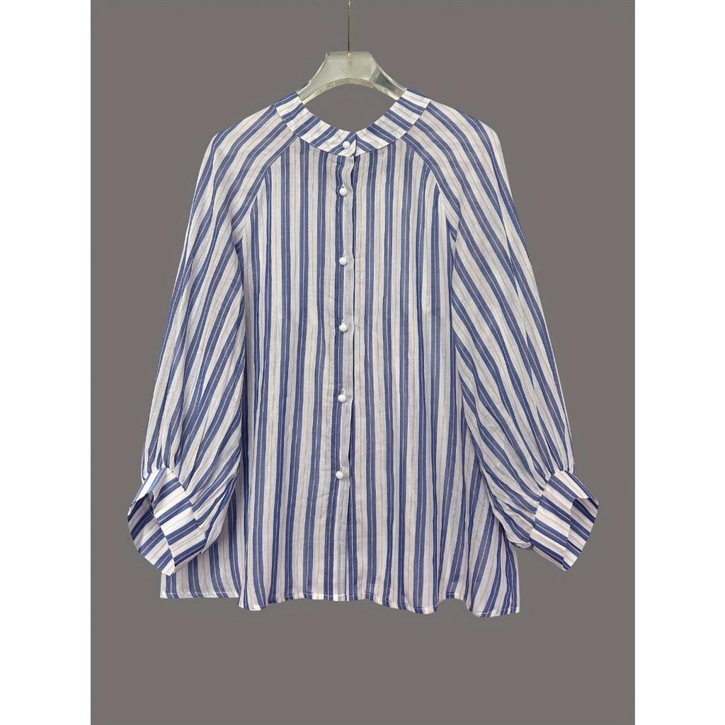 Summer Striped Long Sleeve Button Down Shirt, Loose Fit Casual Slimming Blouse Top for Women, European American Fashion Outerwear
