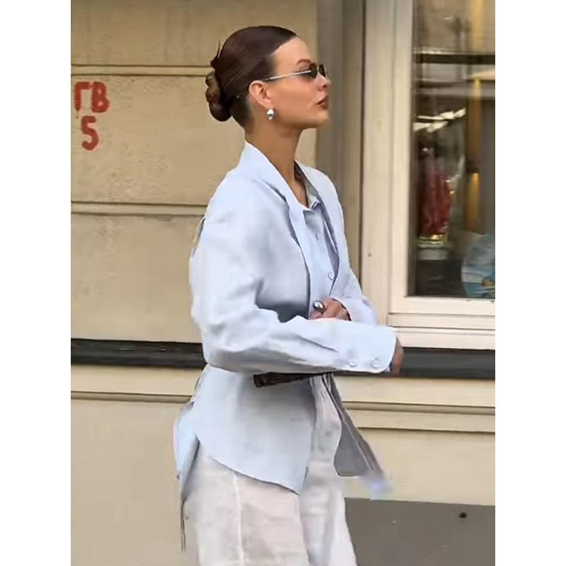 Fashion Cotton Strap Shirt for Women Spring Autumn Bandage Elegant Solid Color Slim Fit Top Commuting Casual Simple Long Sleeve Blouse Sweet Clothing