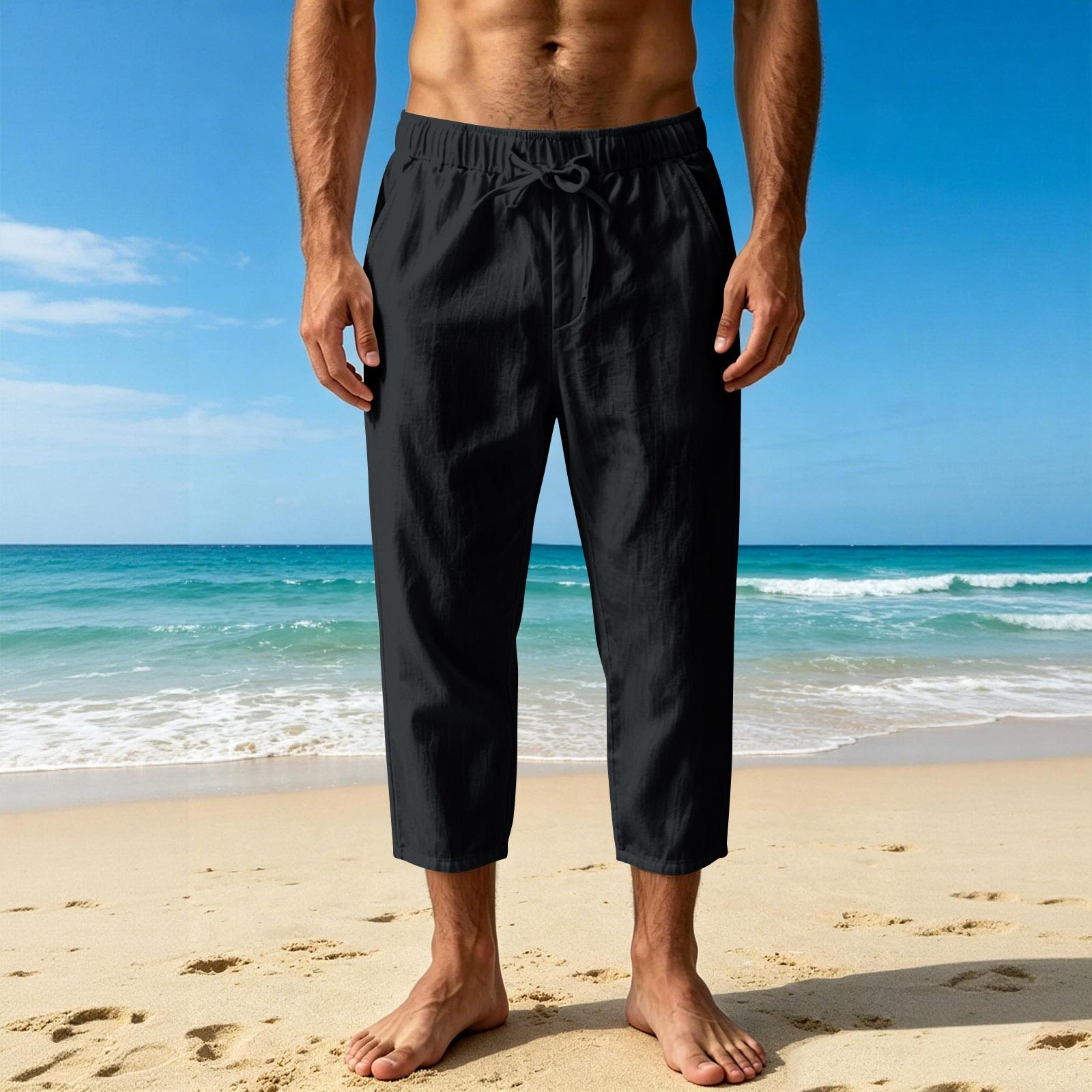 Men s Summer Drawstring Pants Men s Casual Sports Beach Pants L чёрный