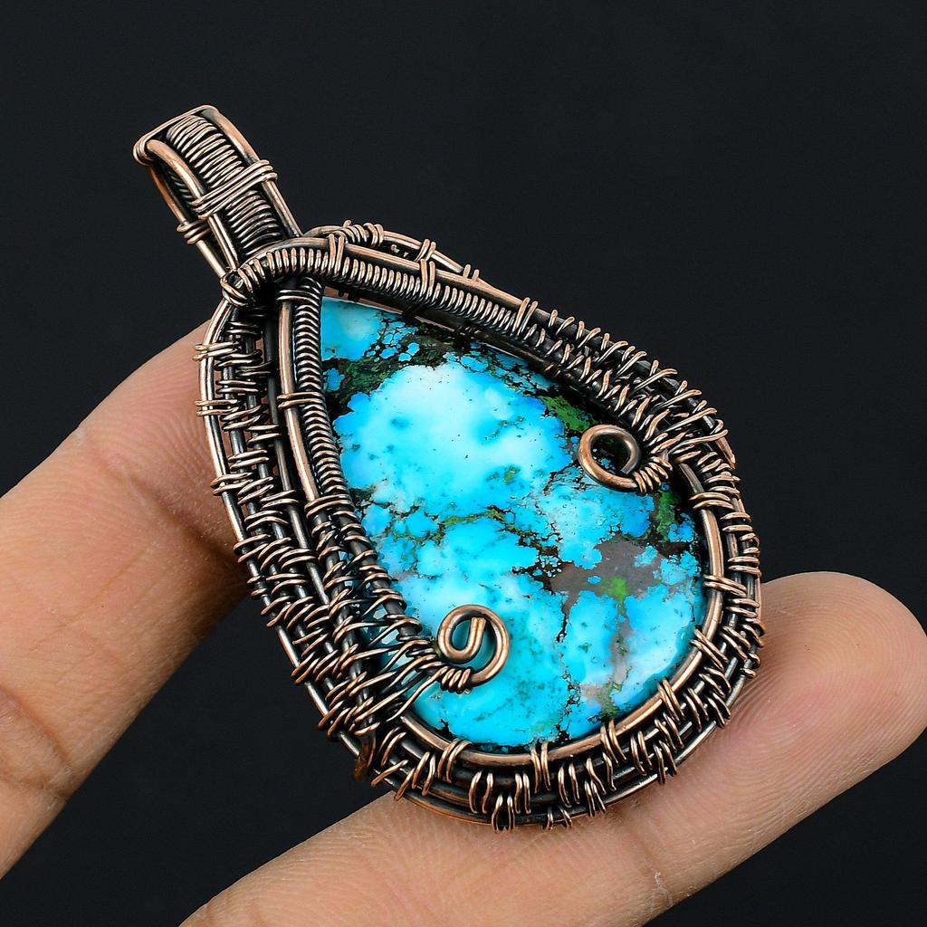 Tibetan Turquoise Pendant, 999 Copper Wire Wrapped Gemstone Jewelry, Handmade Pendant, For Thanksgiving