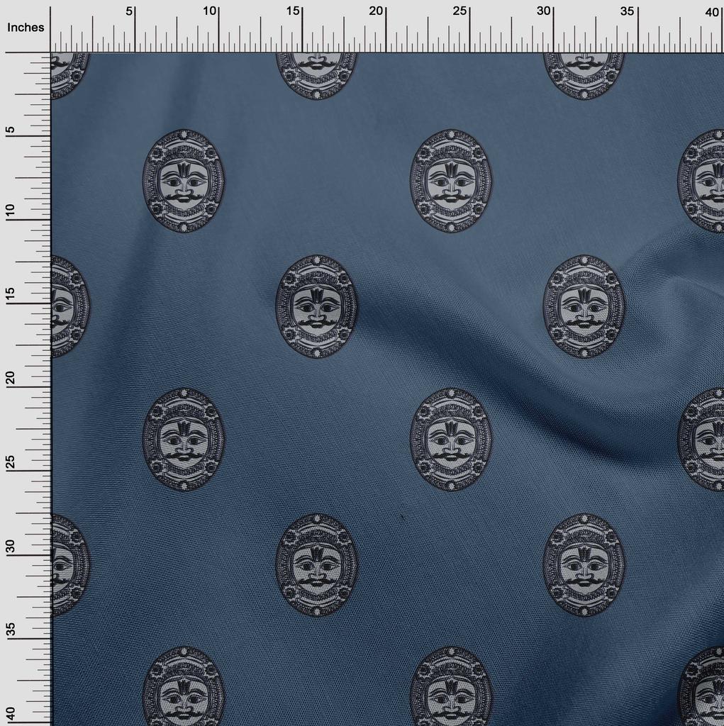 oneOone Cotton Poplin Blue Fabric Asian Block Face Dress Material Fabric Print Fabric By The Yard 42 Inch
