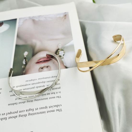 Yousheng Glossy Metal Cuff Bangle Double Layer Geometric Irregular Cross Ripple Opening Jewelry Bangle Women Girls Party