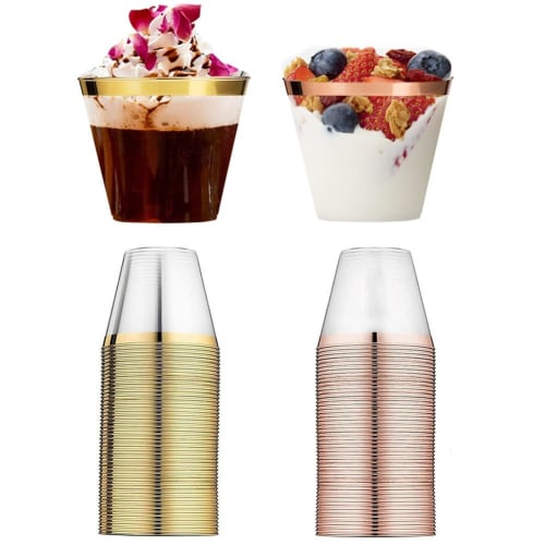 CUTEECO Golden Plastic Cups, 9oz Disposable Cups, Plastic Wine Glasses, Party Cups, Clear Plastic Cups for Parties