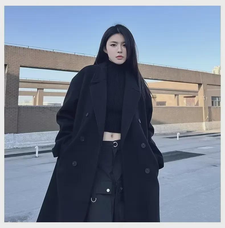 Men's Mid-Length Black Woolen Over-Knee Coat - Trendy Korean Style Windbreaker for Autumn and Winter