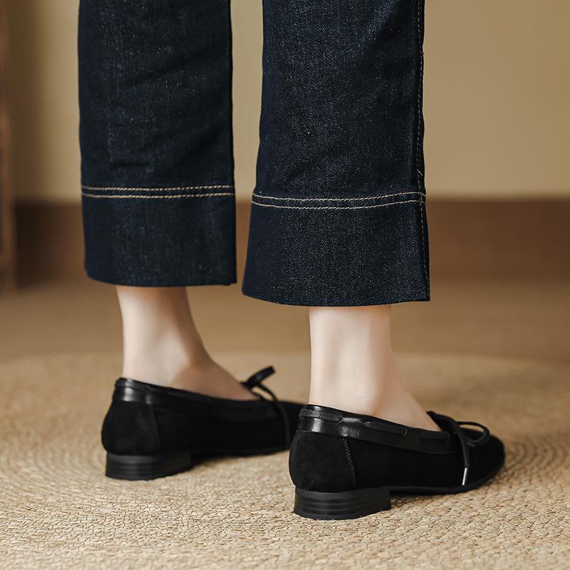Retro suede British style flat Mary Jane women's shoes bow ballet shoes one pedal shallow mouth square head single shoes