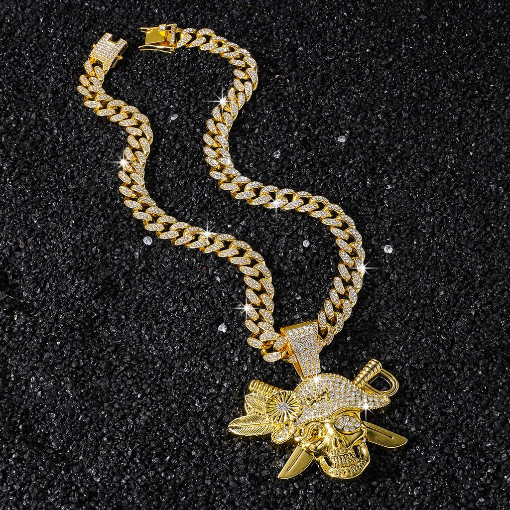 Gothic Bling 3D Pirate Skull Pendant Cuban Link Necklace 14K Gold Silver Plated Iced Punk Men Gift Statement Zinc Alloy Jewelry