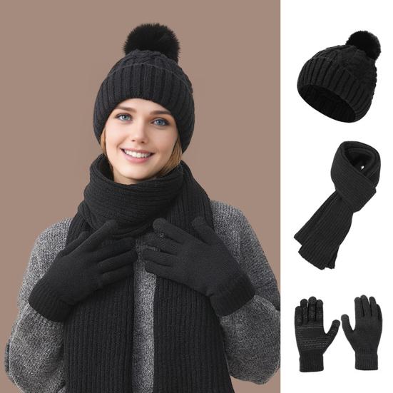 3Pcs/Set Winter Hat Scarf Gloves Set Solid Color Windproof Plush Ball Hat Neck Warmer Touch Screen Gloves Set