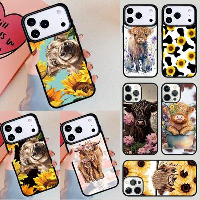 Western Highland Cow Sunflower Cute Phone Case For iPhone 17 Air 14 15 13 12 Max Cover For Apple 16e 11 Pro Max Plus Coque
