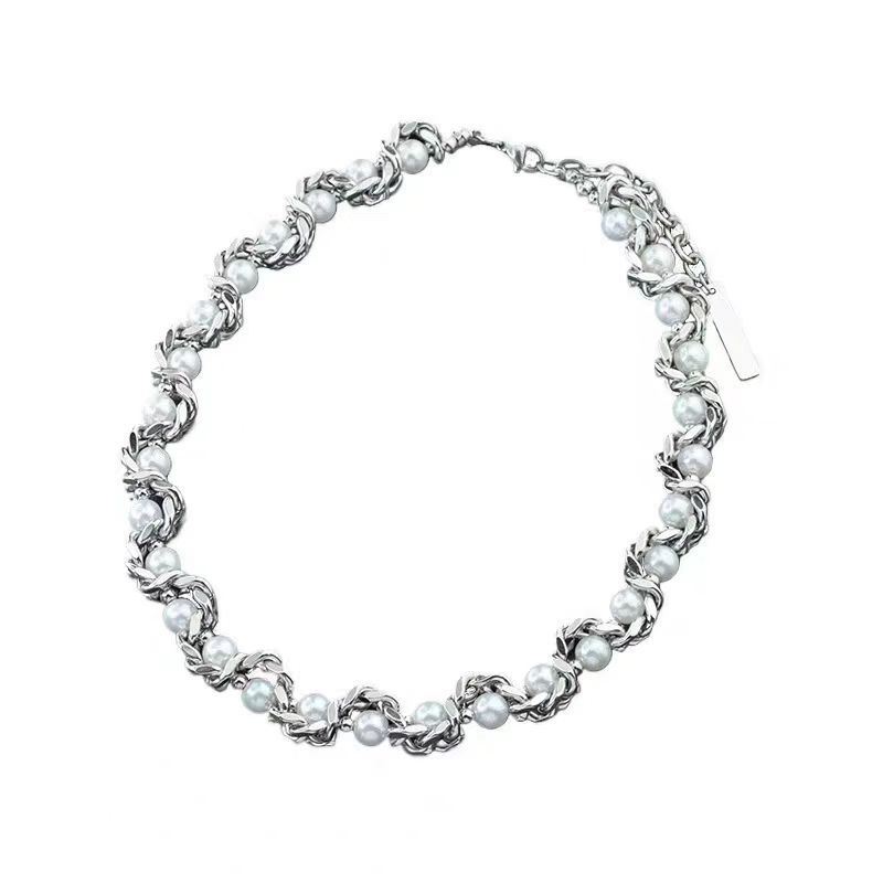 Cuban Chain Wrapped Pearl Necklace for Men Trendy Niche High-end Design Hip-hop Collarbone Chain Unisex Neck Chain Non-fading