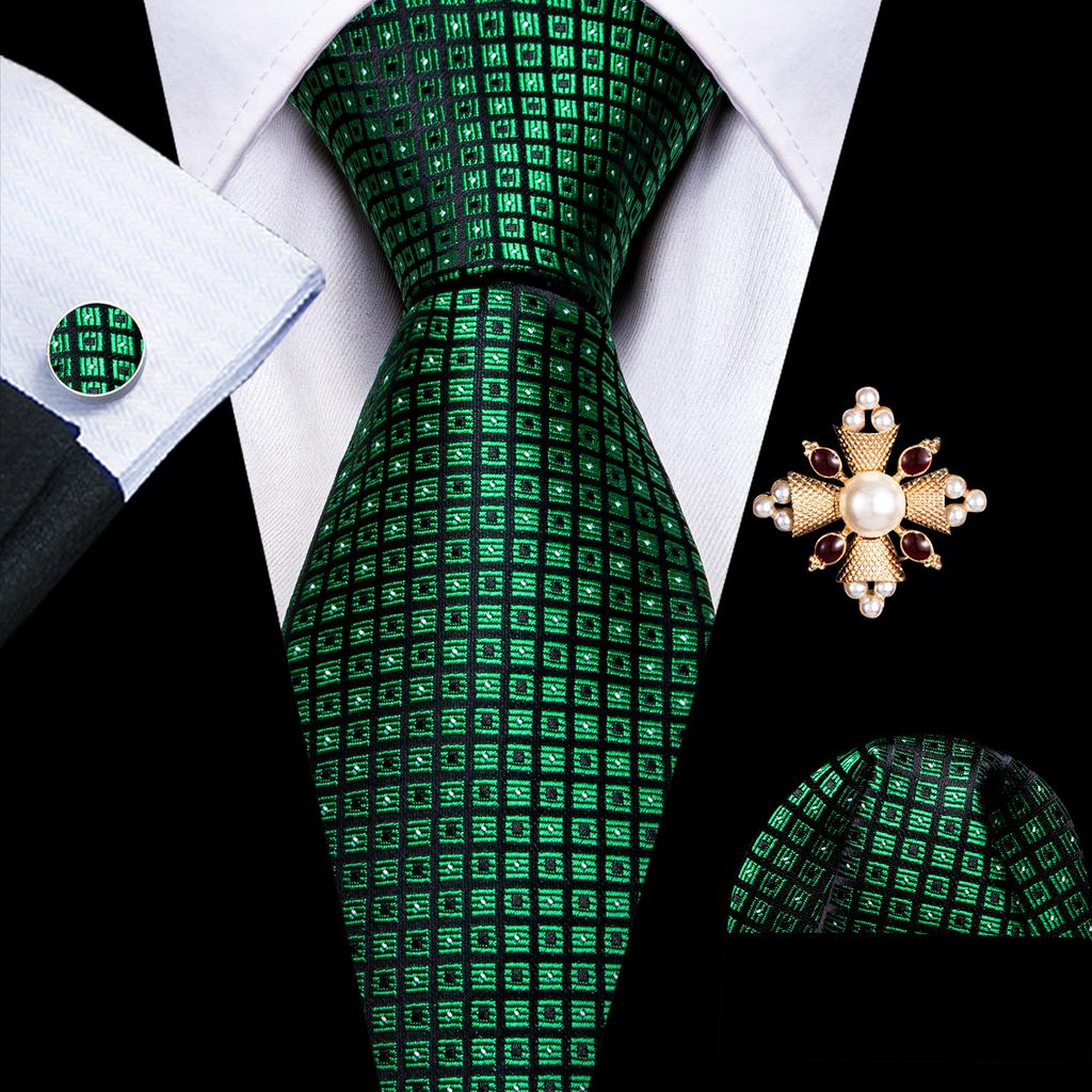 Pearl Brooch with Silk Tie for Men Vintage Floral Teal Necktie Hanky Cufflinks Gift Formal Set