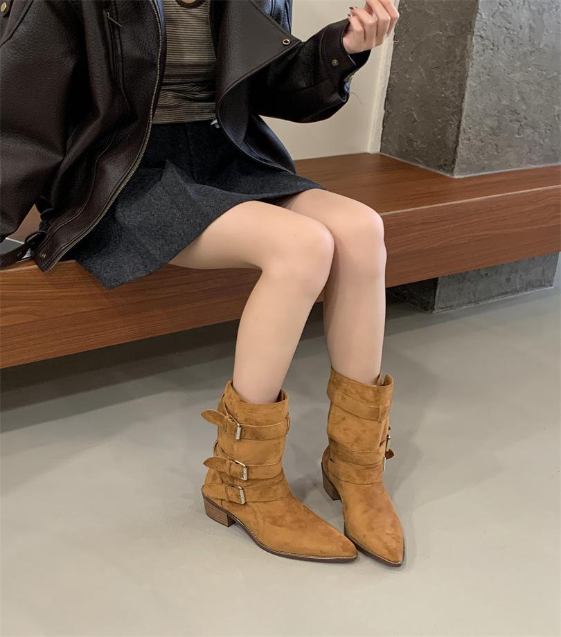 2025 autumn and winter new thick heel western boots retro belt buckle knight boots brown medium boots women's boots locomotive boots