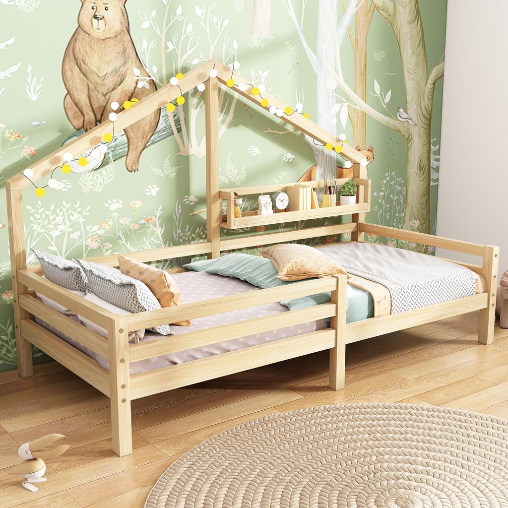 Kinderbett Hausbett Rausfallschutz, Holzbett Schubladen Lattenrost, Massivholz Tafel, Einzelbett 90 x 200 cm, Weiß