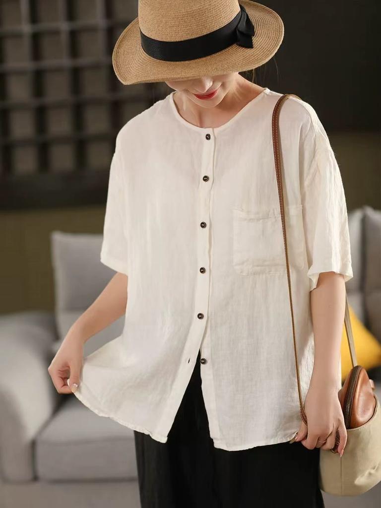 Johnature Women Vintage Solid Color Shirts O-Neck Half Sleeve Patchwork Pockets Summer Loose Casual Button Shirts