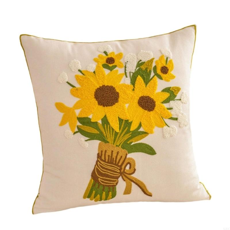Pillowcase Flower Embroidered Canvas Cotton Pillowcase Soft Breathable Cushion Cover For Sofa Bedroom Home Decoration X3UC