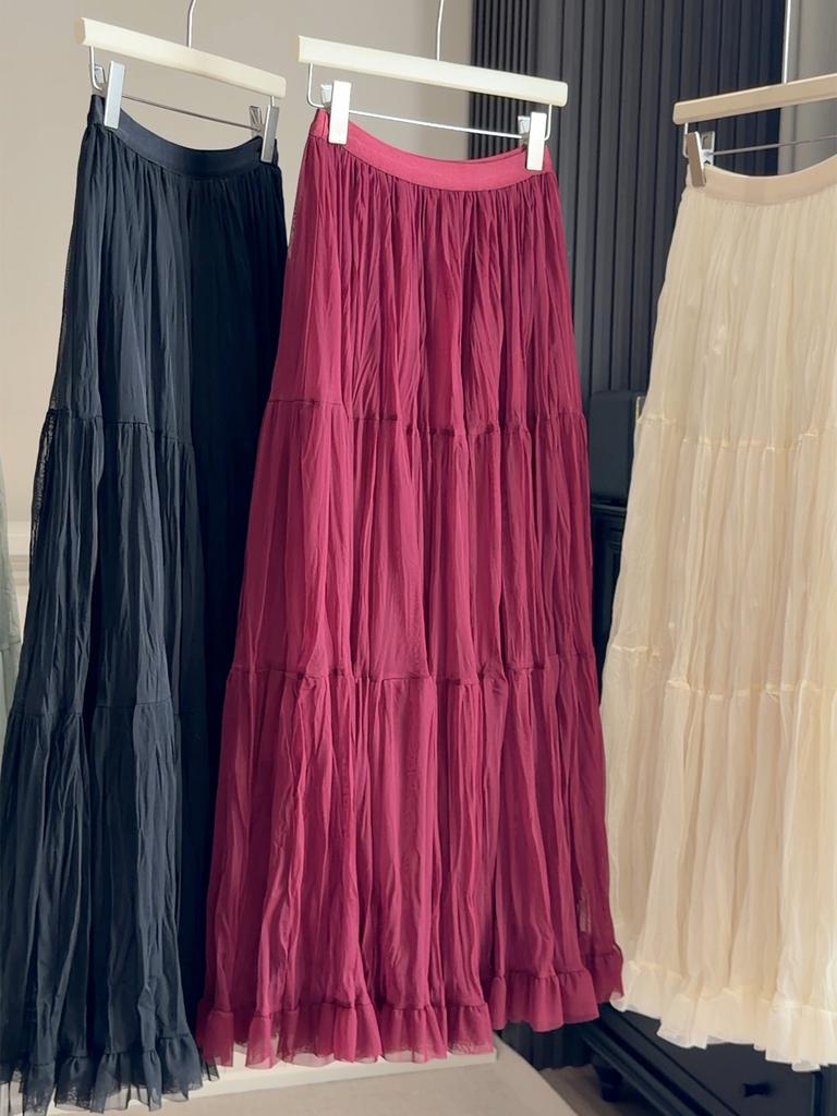 Women's High Waist Tiered Skirt Loose Fit Elegant Maxi Skirt A Line Mesh Half Skirt Solid Color Ruffle Hem Long Skirt