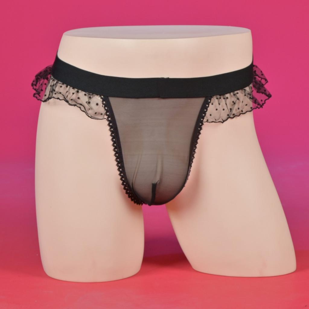 Sexy Ruffles Sissy Pouch Panties Men'S Mesh See Through Lingerie Crossdress G-String T-Back Thong Gay Male Maid Cosplay Bikini
