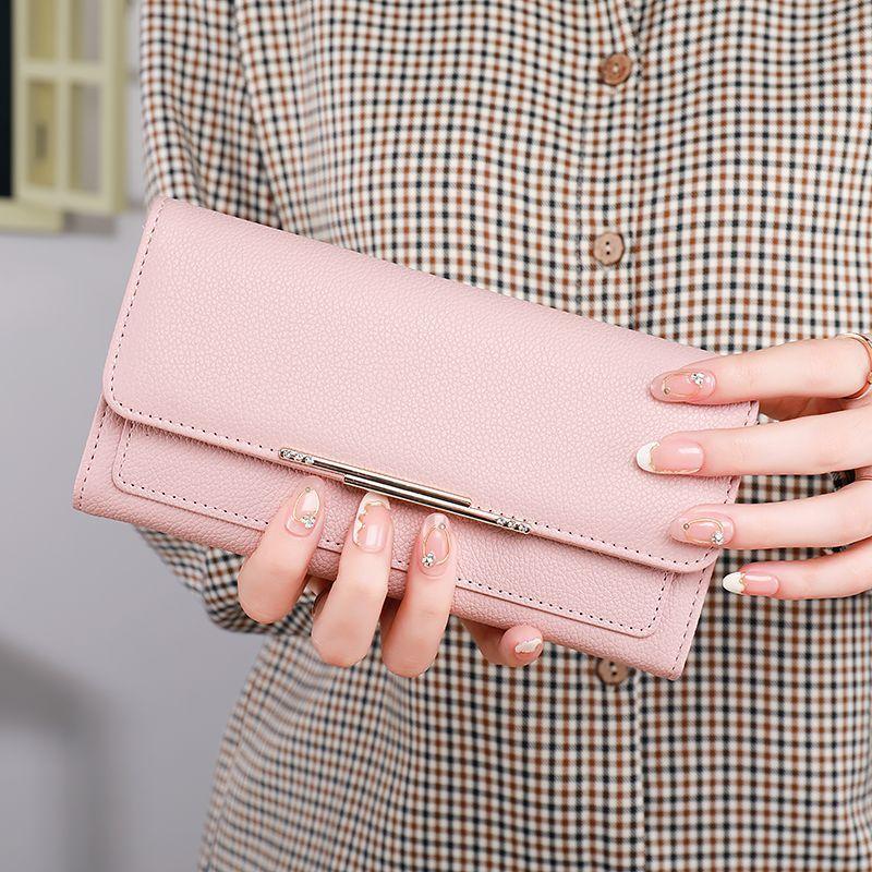 Women's wallet long three-fold lychee pattern fashion light luxury women's multi-card card bag ID clip change bag wallet