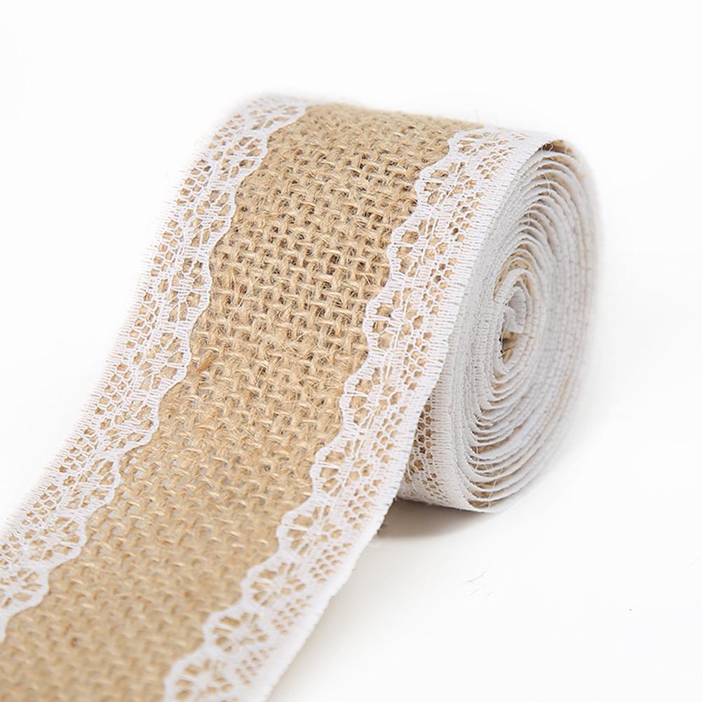 Jute Cloth Roll with White Lace Craft for Home Decoration Packaging 2M/Roll
