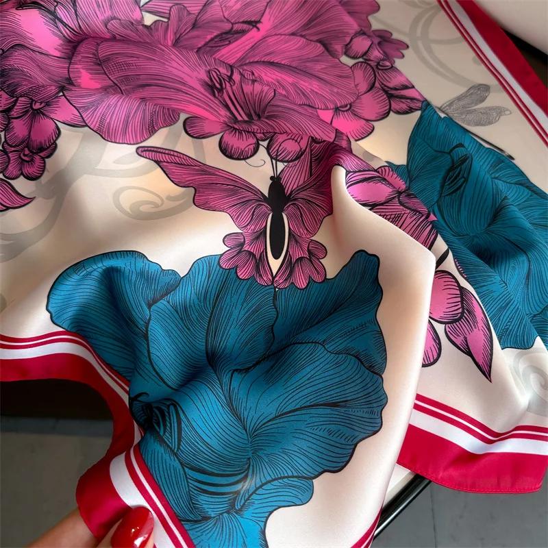 New Floral Print Silk Square Scarfs for Women Fashion Butterfly Neckerchief Female Neck Ties Lady Hairband Soft Satin Hijab