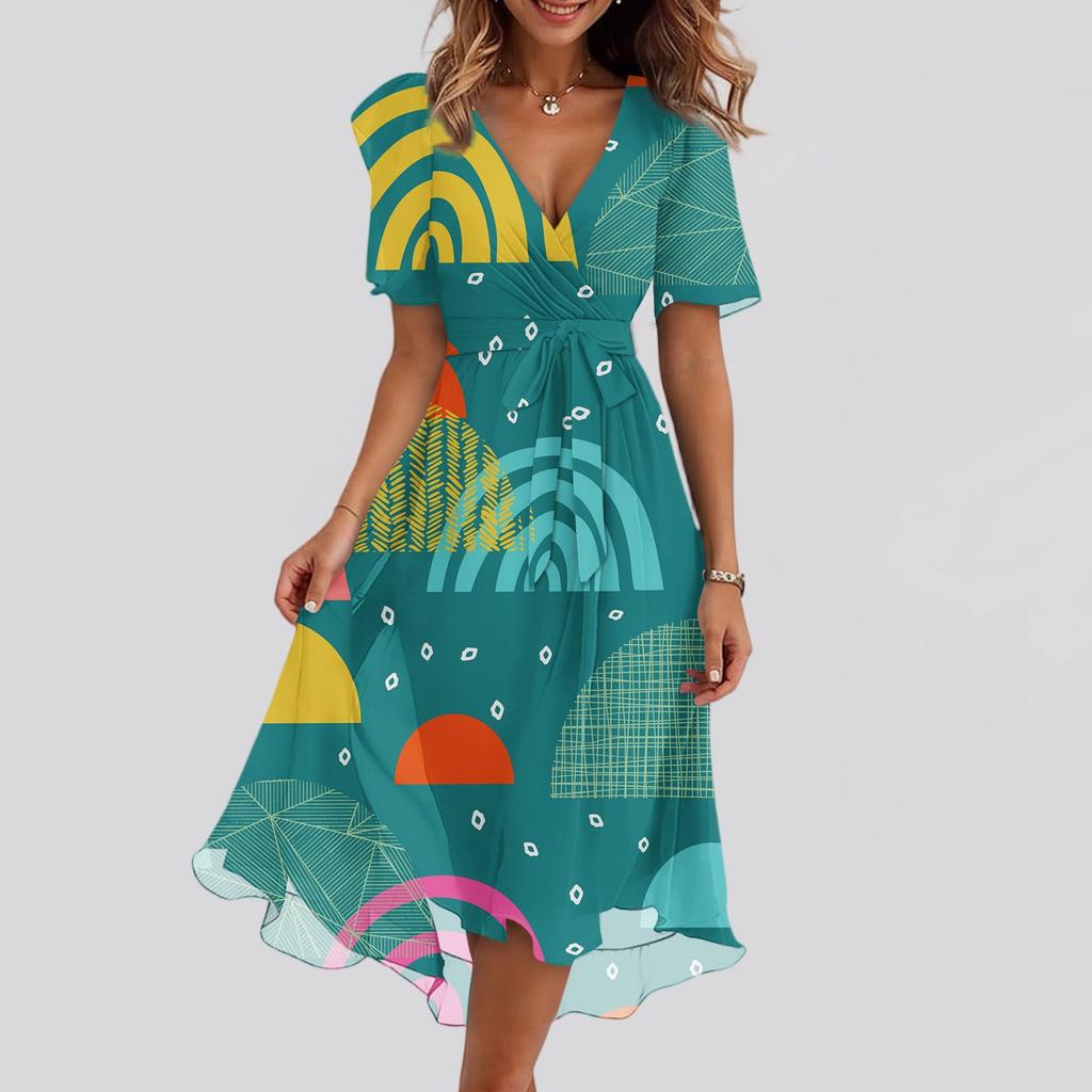 Women's Summer Printed Casual Wrap V Neck Ruffled Hood Short Sleeves Belt A-Line Ruffle Hem Midi Sundress