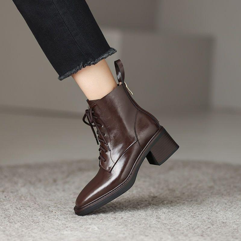 Square Toe Lace-up Women's Ankle Boots Leather Heeled Warm Booties Autumn Winter Footwear High Quality Female Short Shoes Sale