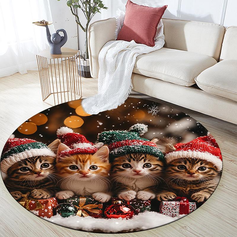 Christmas Kittens Round Area Rug,Carpet Rug for Living Room Bedroom Sofa Playroom Decor,Non-slip Floor Mat