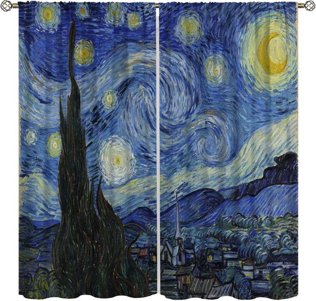 Starry Night Blackout Curtains for Bedroom, Oil Painting Blue Abstract Stars Art Decor Print Window Treatments, Rod Pocket