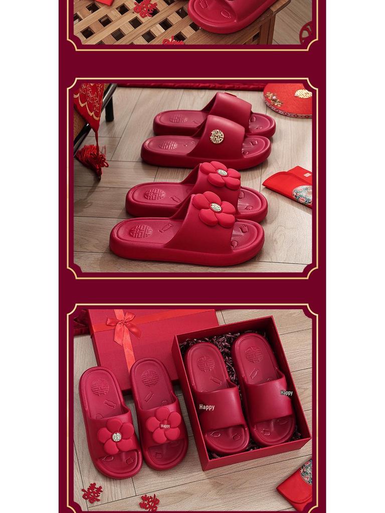 Festive Wine Red Bride Slippers: Luxurious, Comfy Summer Footwear