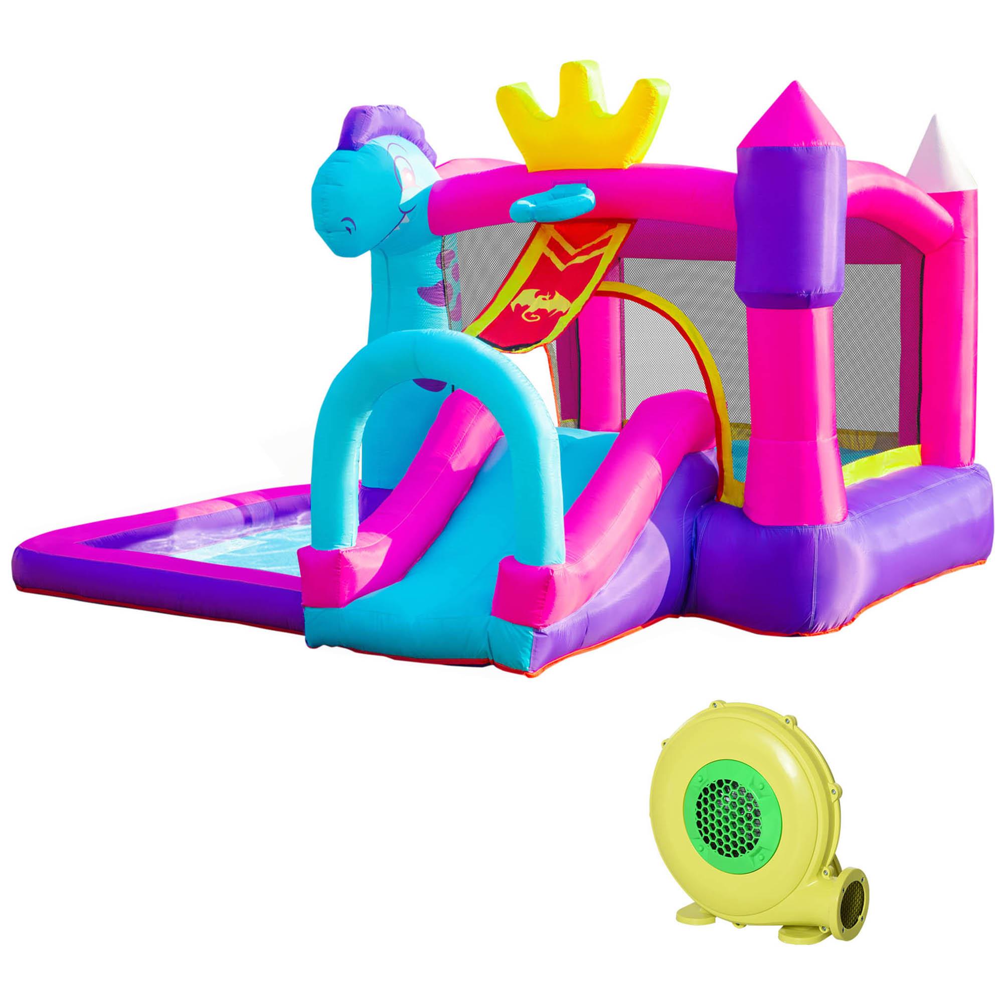 Château Gonflable Avec Toboggan Trampoline Espace de Jeu Piscine et Panier de Basket Pour Jusqu'à 3 Enfants Âgés de 3+ Comprend une Pompe de 350W et un Sac de Transport