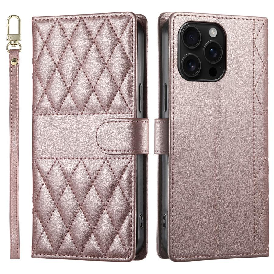 Étui de téléphone matelassé en losanges en cuir PU premium avec cadre photo et poche pour billets pour iPhone Samsung Google Dragonne détachable
