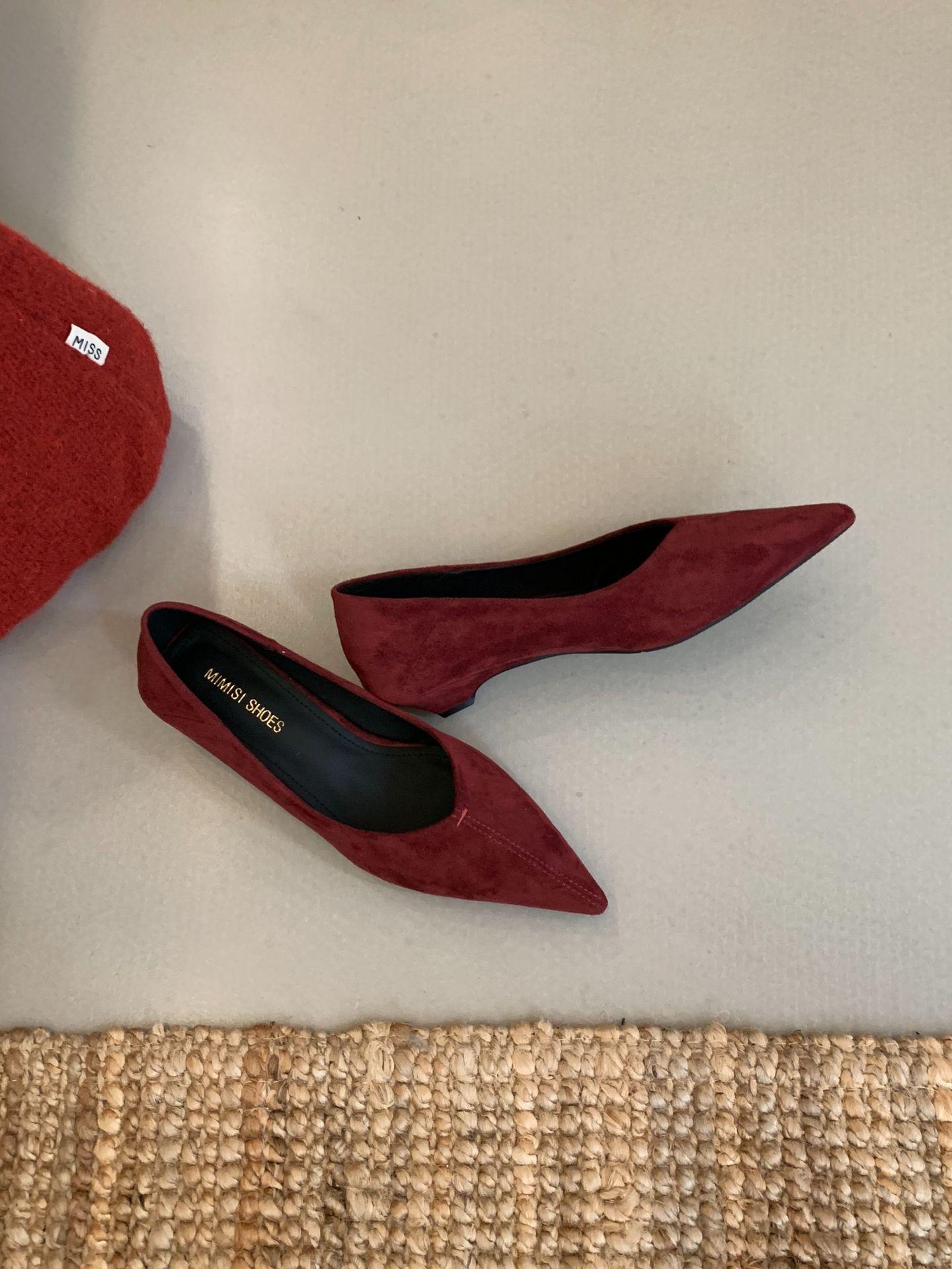 

2025 new one-pedal single shoes women s shoes spring and summer pointed brown breathable kitten heel women s low-heeled women s shoes 39 бордовый