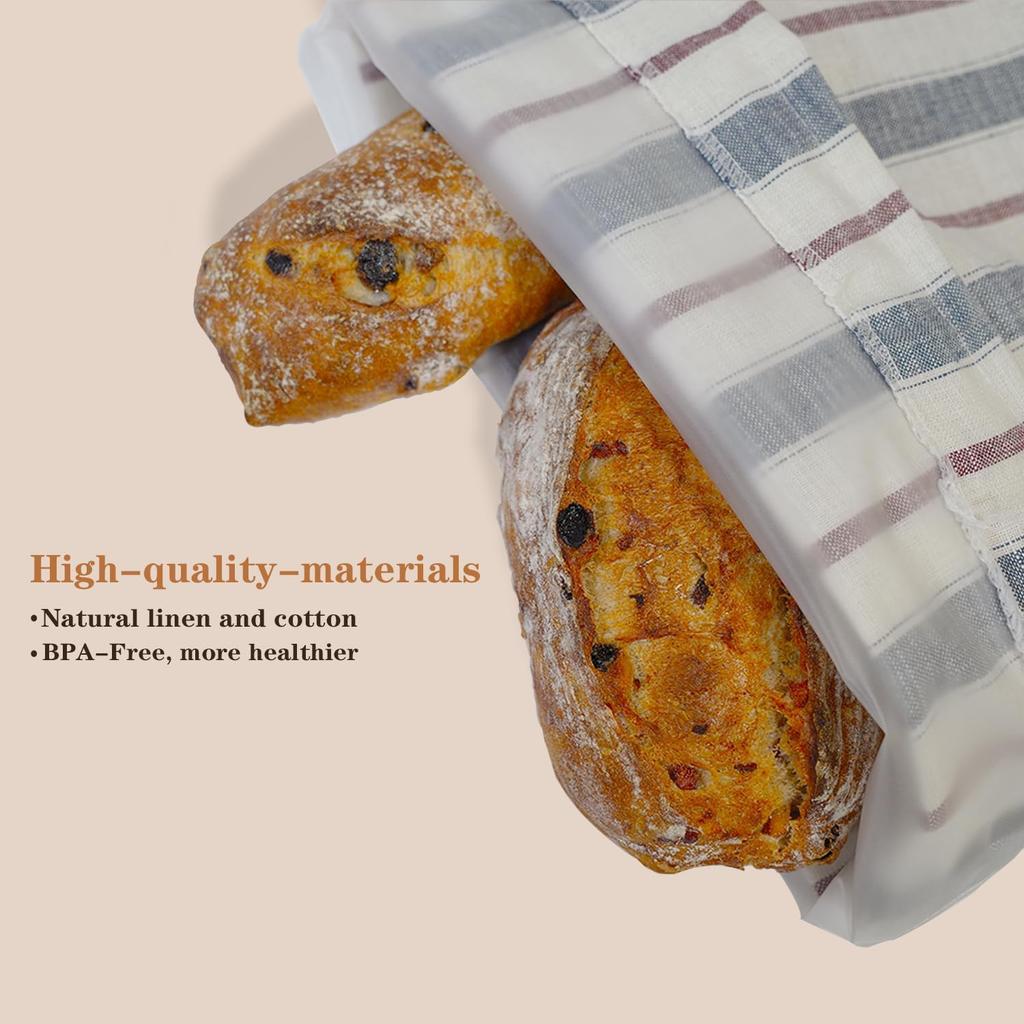 Reble Bread Bags for Homemade Sourdough Bread with Bowl Cover, 12"x18" Large Organic Linen Sourdough Bread Bags, Easy to Clean (Blue-Red stripe)