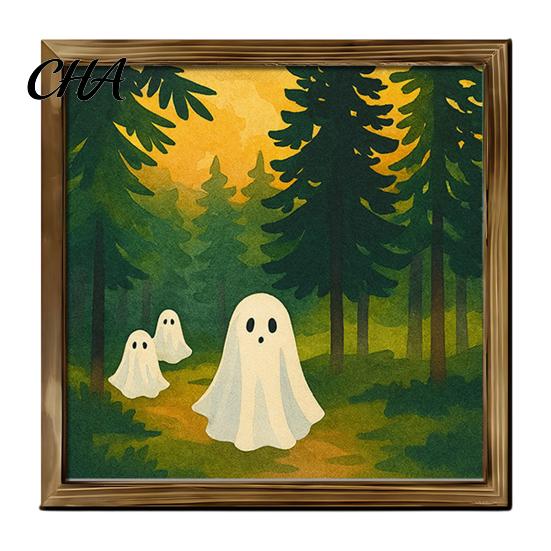 Spooky Fireplace Shelf Accents Halloween Ghost/Witch/Skeleton Decorative Painting, Wall Mount Square Wood Frame Wooden Decor Picture for Home Tabletop
