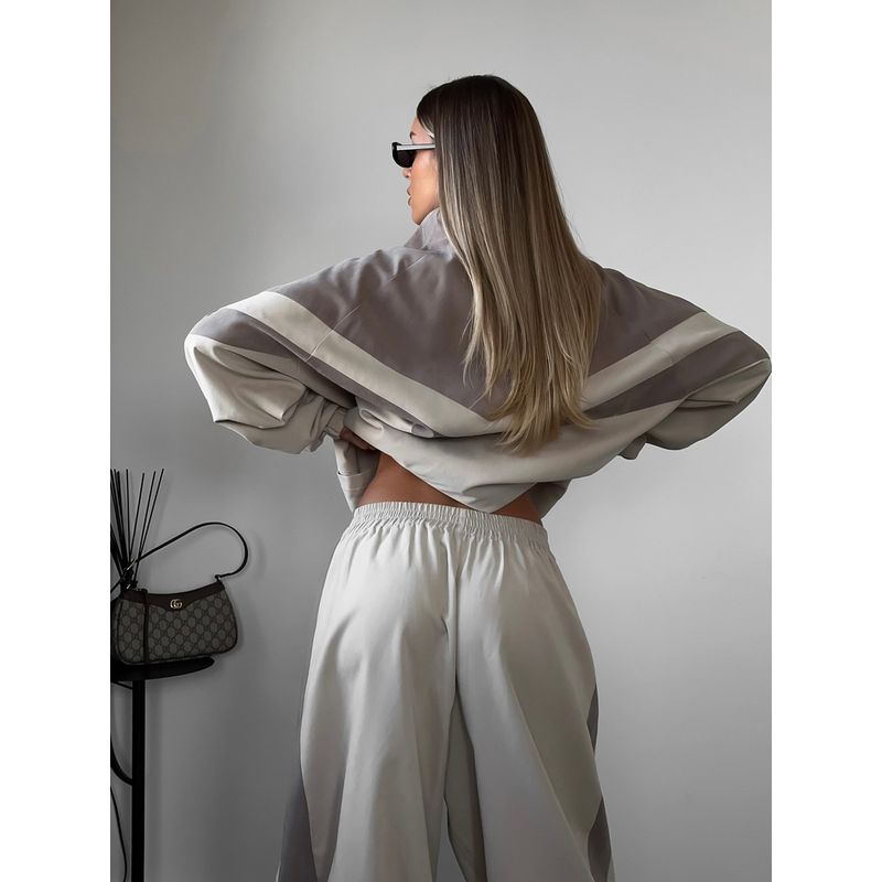 Cross-Border Outerwear Women Spring and Autumn Sports Set Personality Stripe Contrast Color Drawstring Top Loose Polyester Cotton Two-piece Set Suit